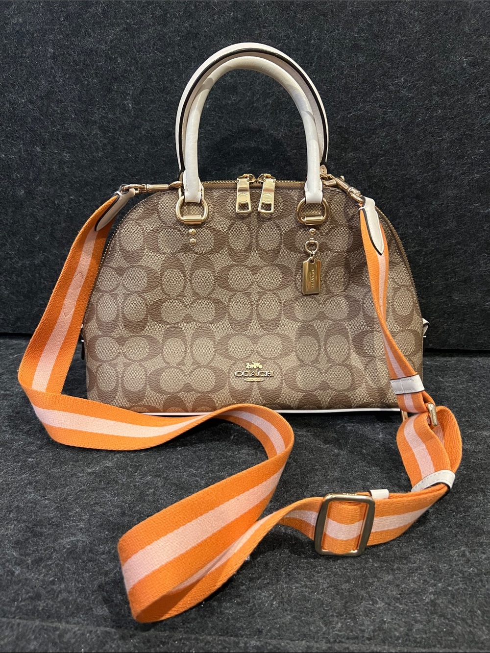 Coach Brown Signature Katy Dome Satchel with Orange Striped Strap